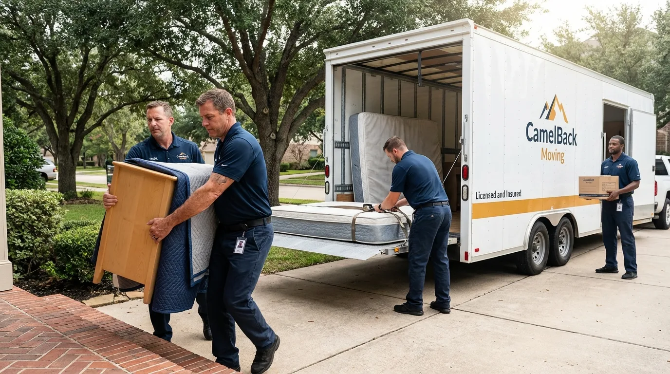 Crew loading residential truck for cross-state move from Alvord, TX