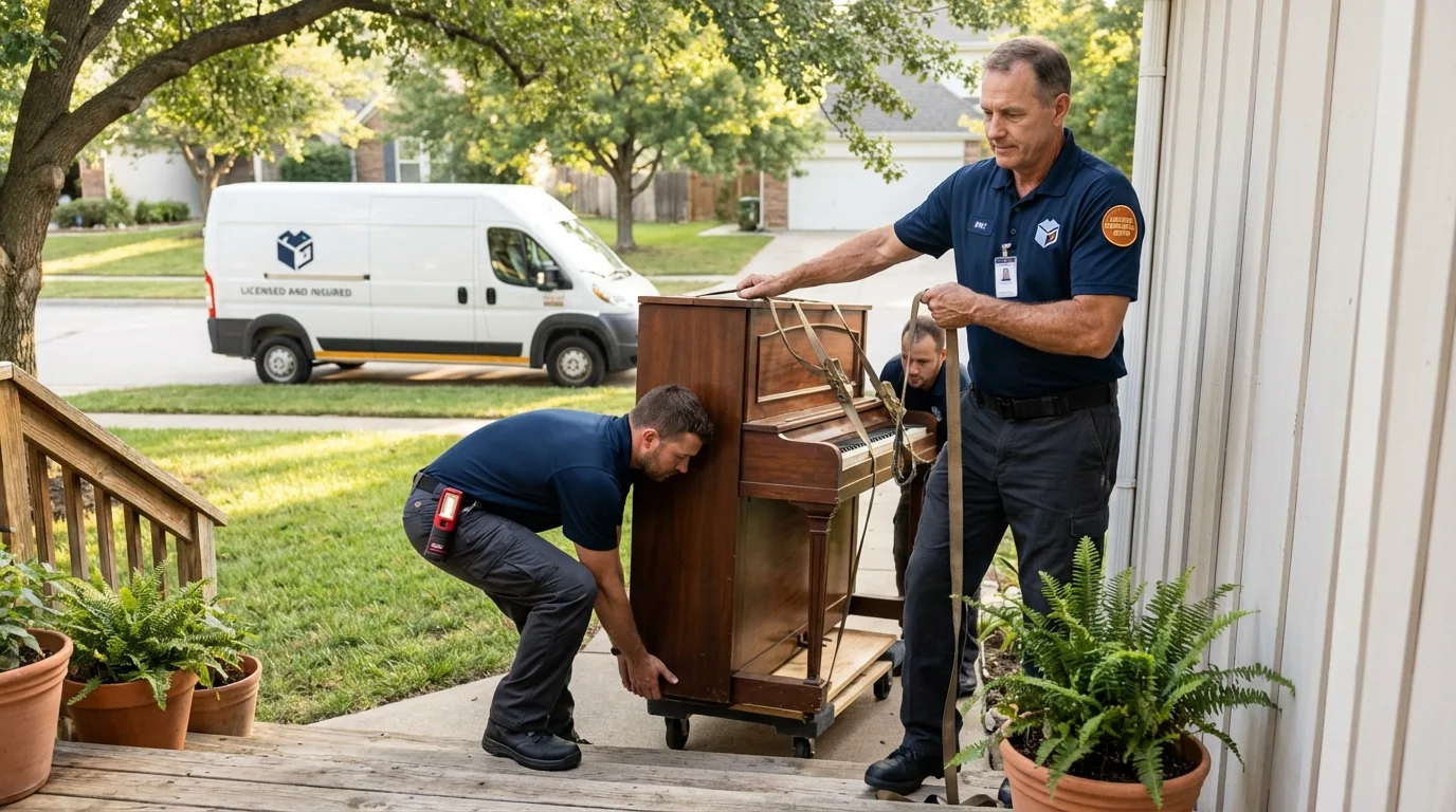 Licensed piano movers securing grand piano in Alvord, TX