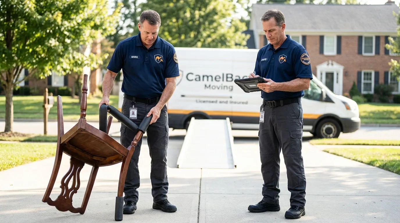 Movers inspecting furniture for damage prevention before loading in Alvord, TX