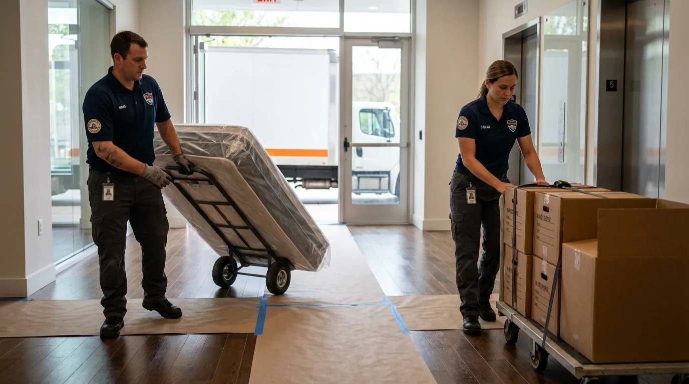 Professional apartment movers loading elevator in Alvord, TX